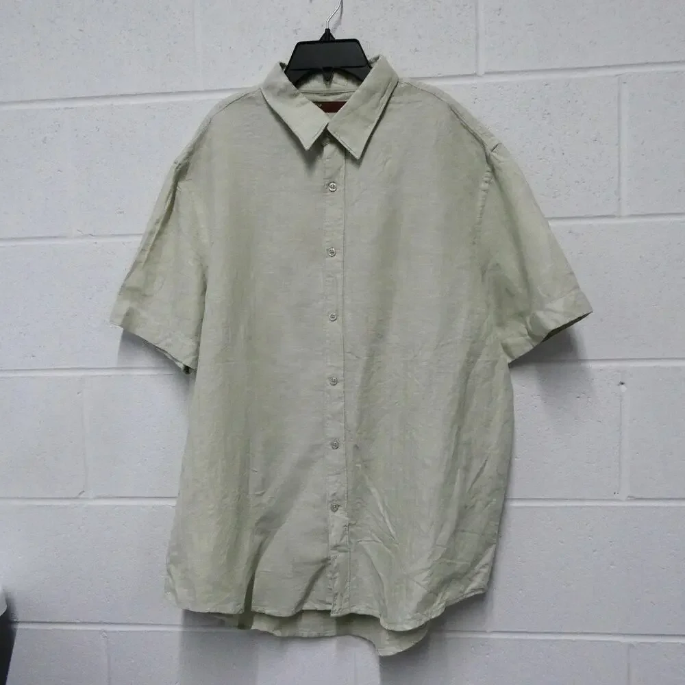 Perry Ellis men's size XL green button-up short sleeve‎ top shirt linen cotton